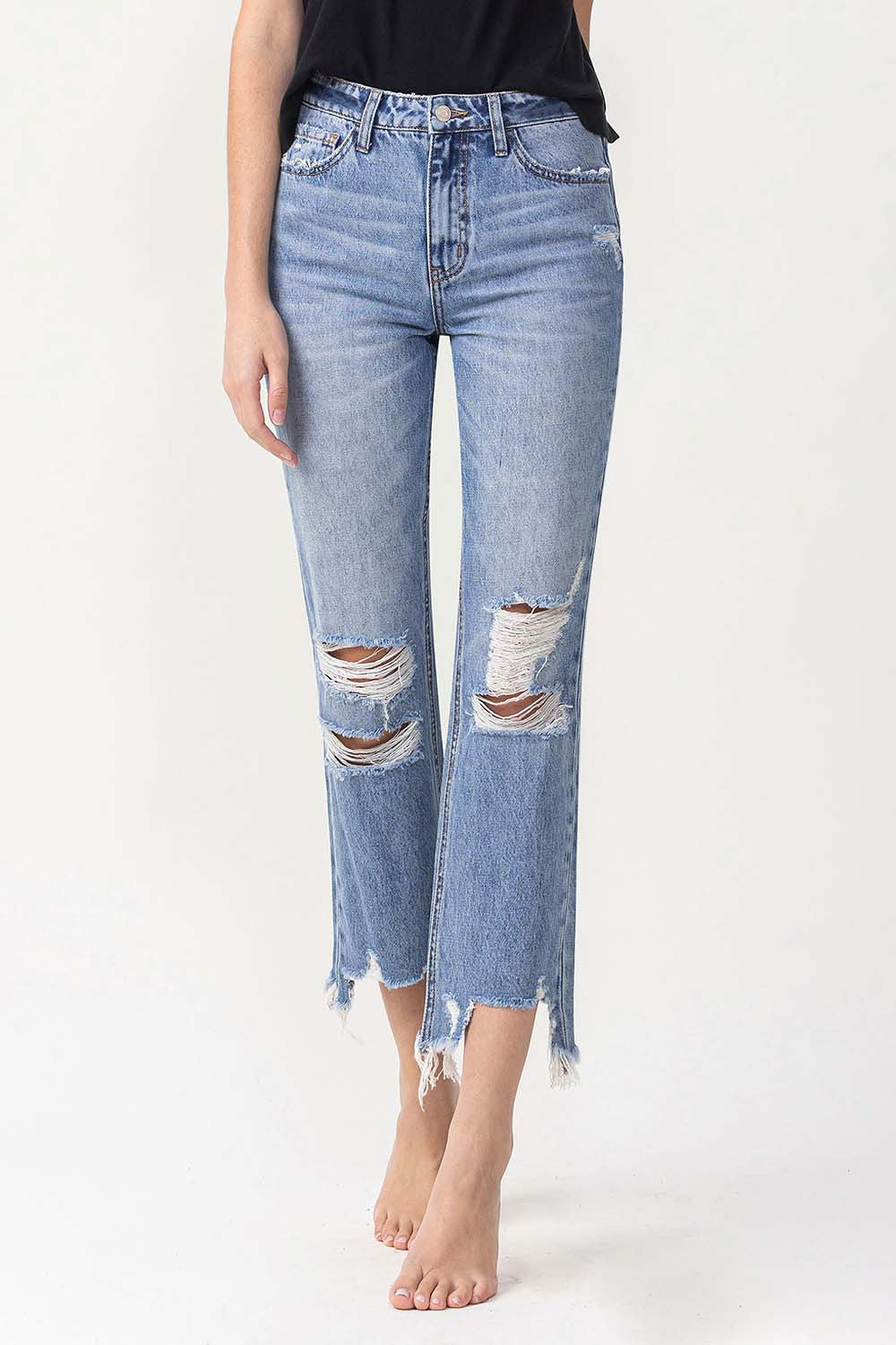 High Rise Distressed Straight Jeans