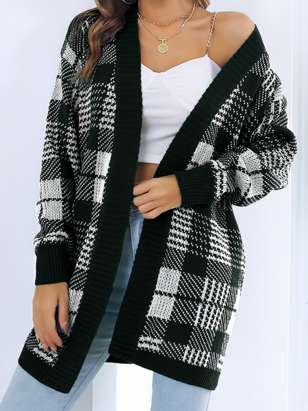 Temperament Binding Color Plaid Cardigan Sweater Coat