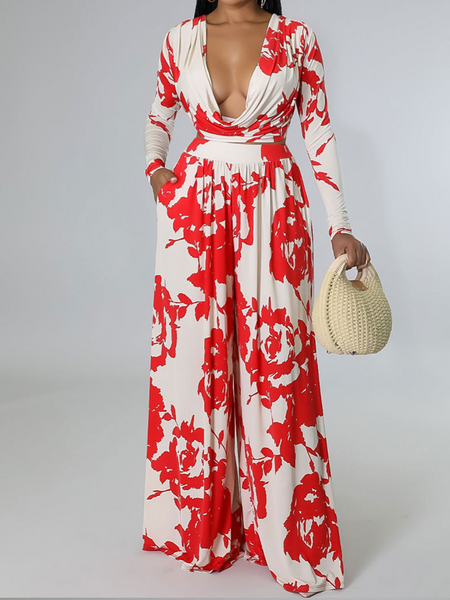 Printed Long Sleeve Top & Wide Leg Pants 2-Pc Set