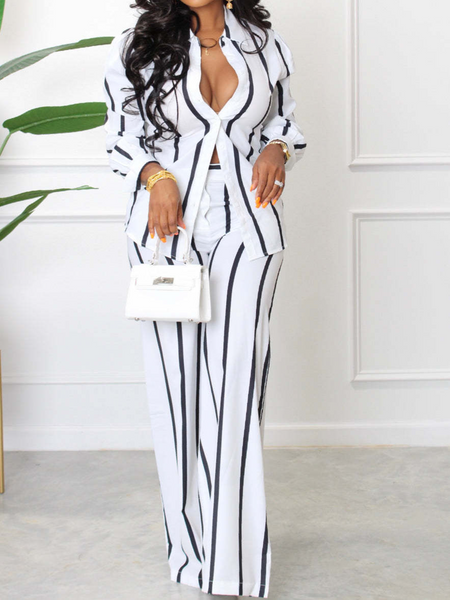 Striped Printed Long-Sleeved Shirt And Trousers Two-Piece Set