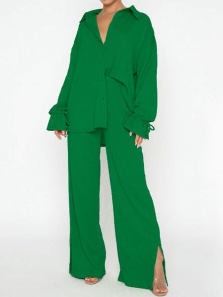 Lapel Long Sleeves Lace-Up Top Trouser Set HFHUZ2EEHM