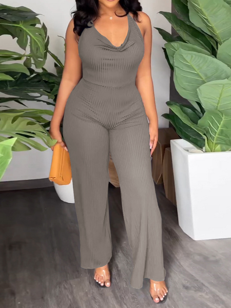 V-Pile Tie - Up Backless Casual Wide-Leg Jumpsuit