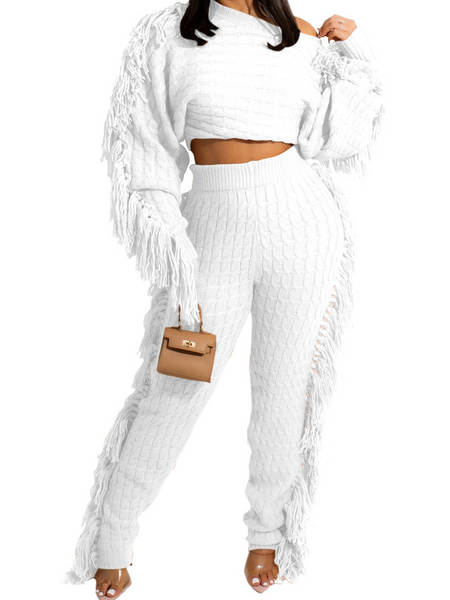 New Women's Casual Solid Knitted Long Sleeve Tassel Set