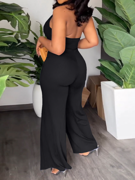 V-Pile Tie - Up Backless Casual Wide-Leg Jumpsuit