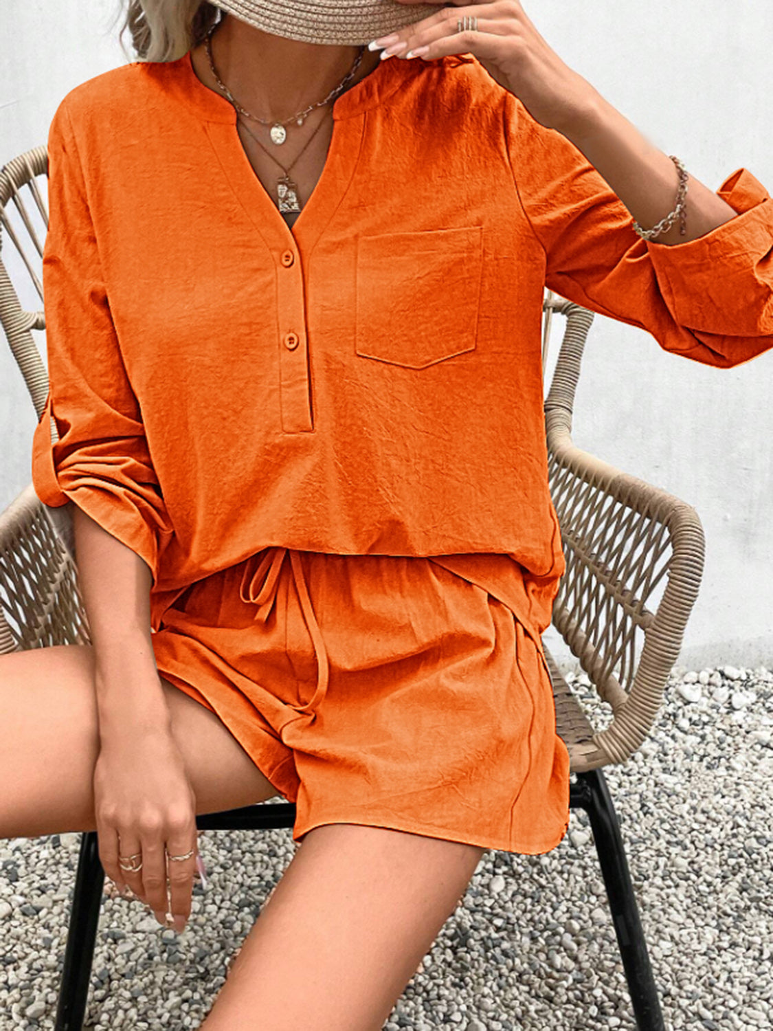 Notched Long Sleeve Top and Shorts Set