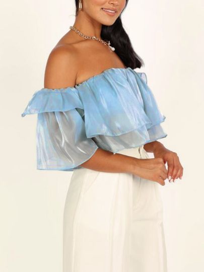 Shiny Design Niche One Shoulder Double Layer Ruffle Top