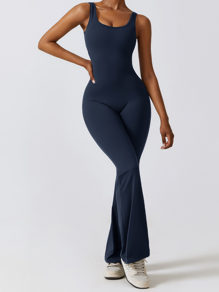 Solid Colou Flared Pants Hollow Out Beauty Back Bodysuit