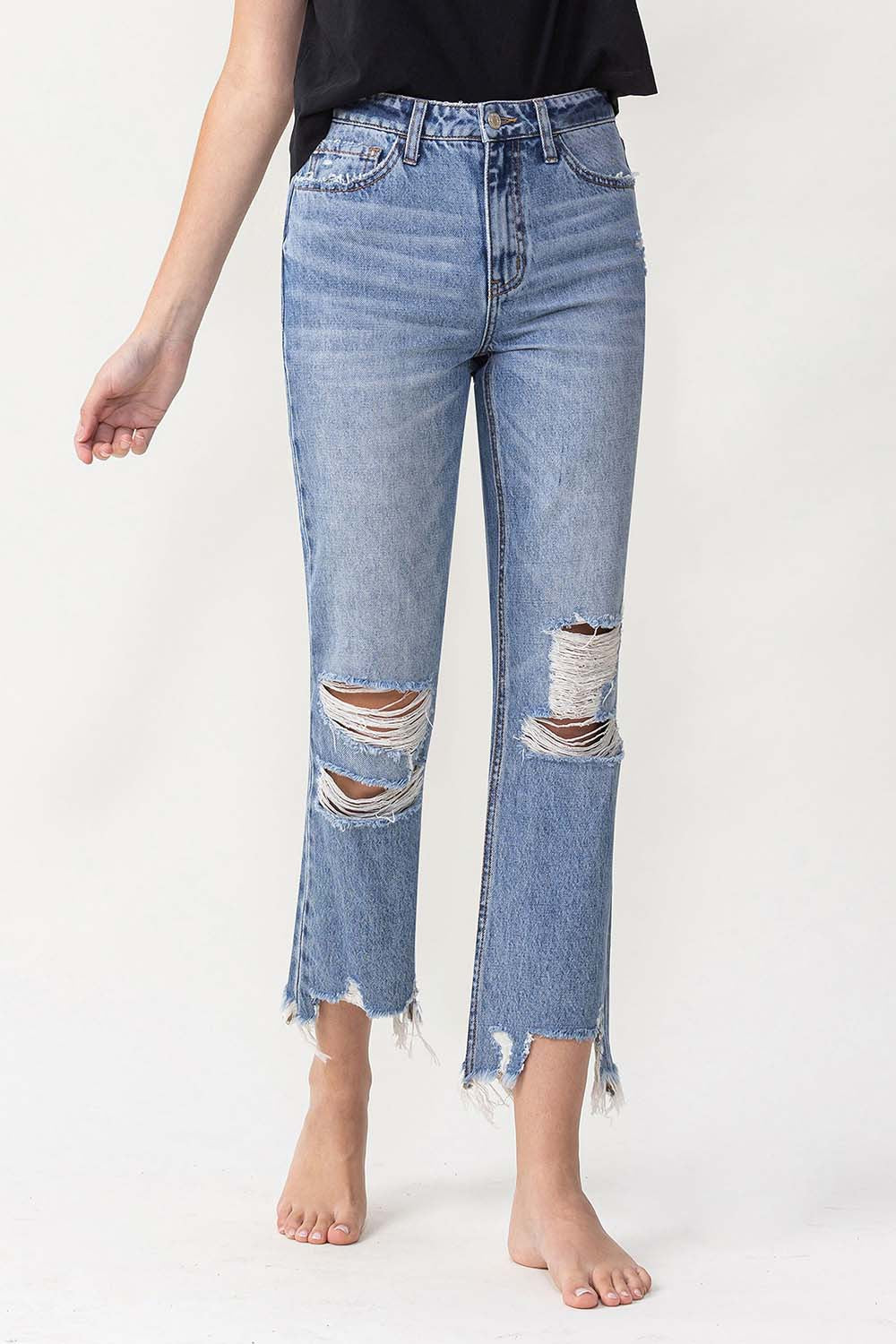 High Rise Distressed Straight Jeans