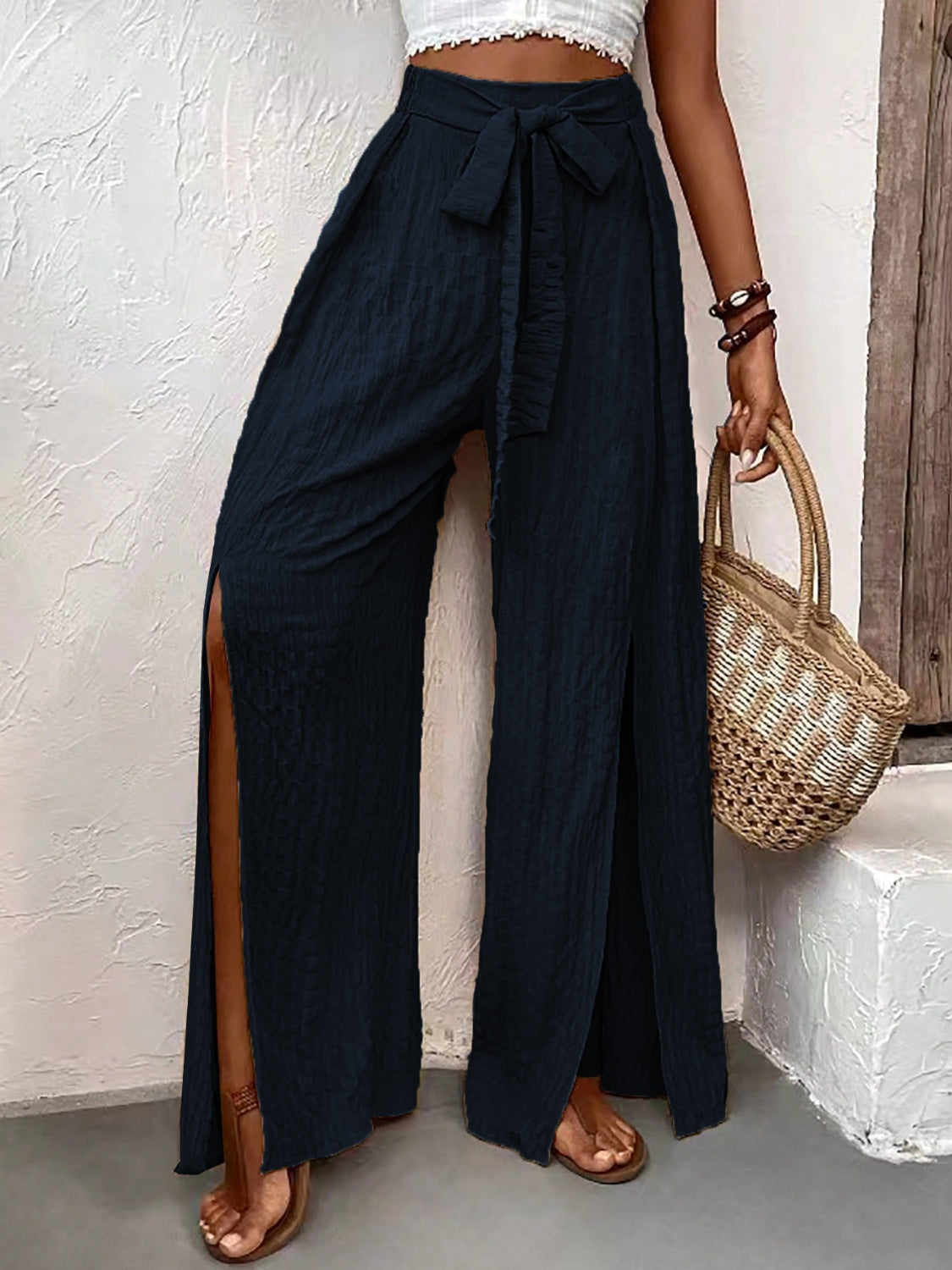 Tied Slit Wide Leg Pants