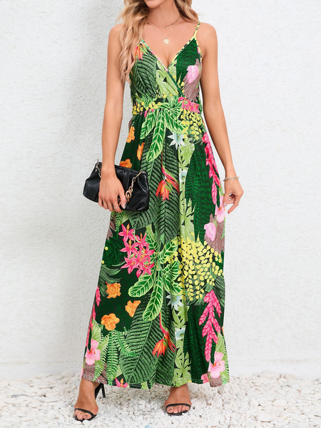 Women's Tropical Print V-neck Backless Cami Dress