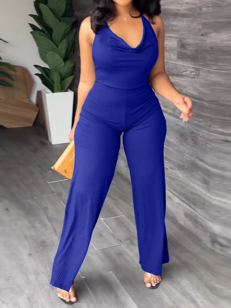 V-Pile Tie - Up Backless Casual Wide-Leg Jumpsuit