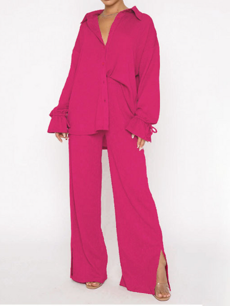 Lapel Long Sleeves Lace-Up Top Trouser Set HFHUZ2EEHM