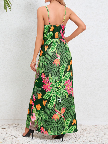 Women's Tropical Print V-neck Backless Cami Dress