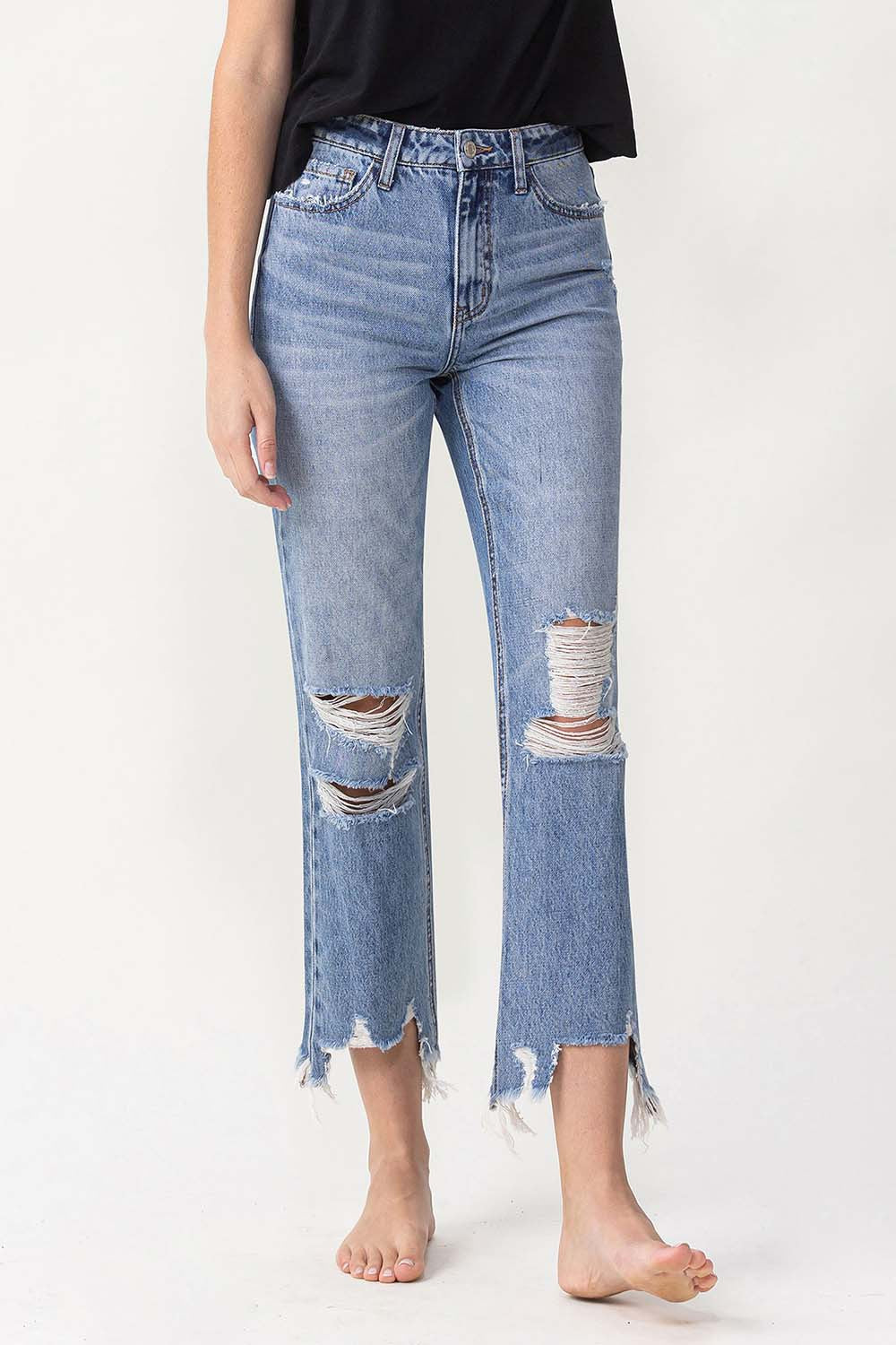 High Rise Distressed Straight Jeans