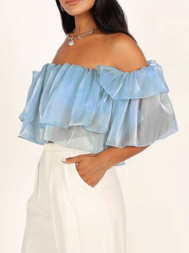 Shiny Design Niche One Shoulder Double Layer Ruffle Top