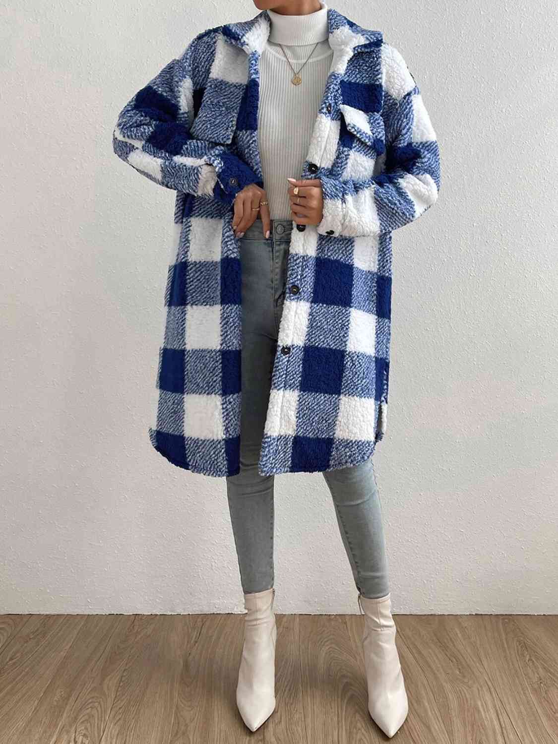 Fuzzy Plaid Button-Down Coat