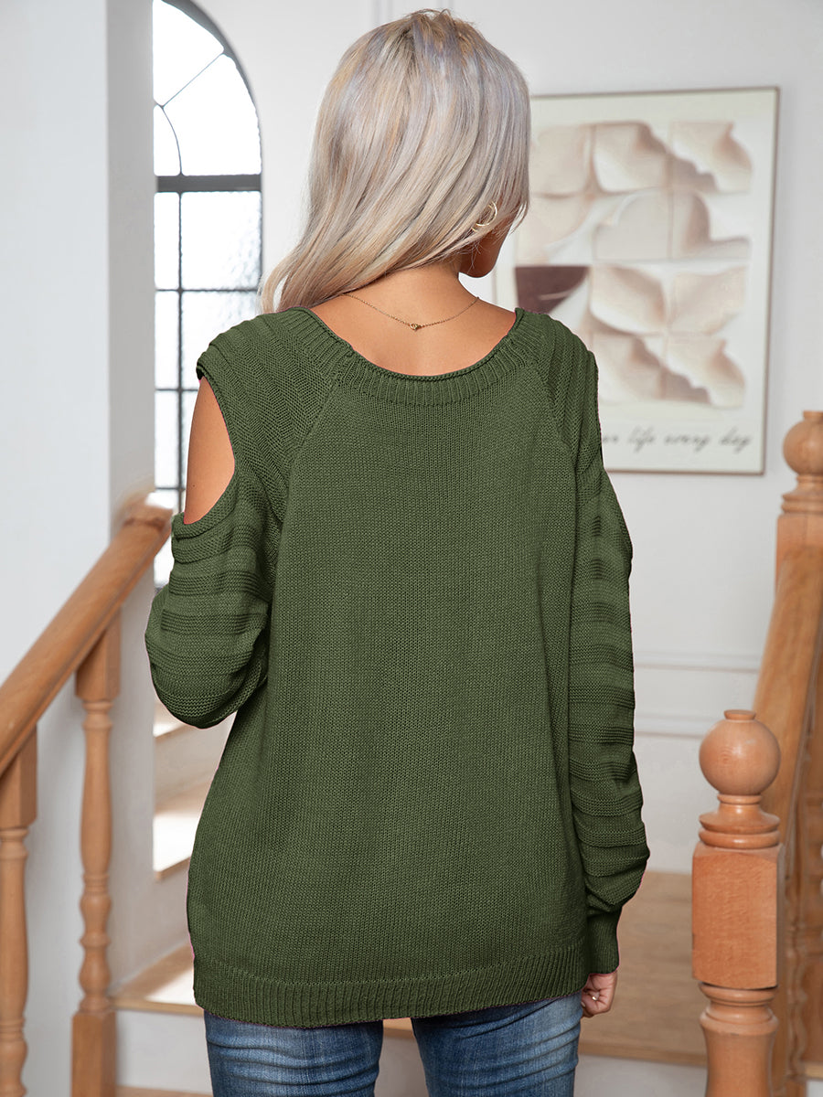 Buttoned Cold-Shoulder Knitted Sweater