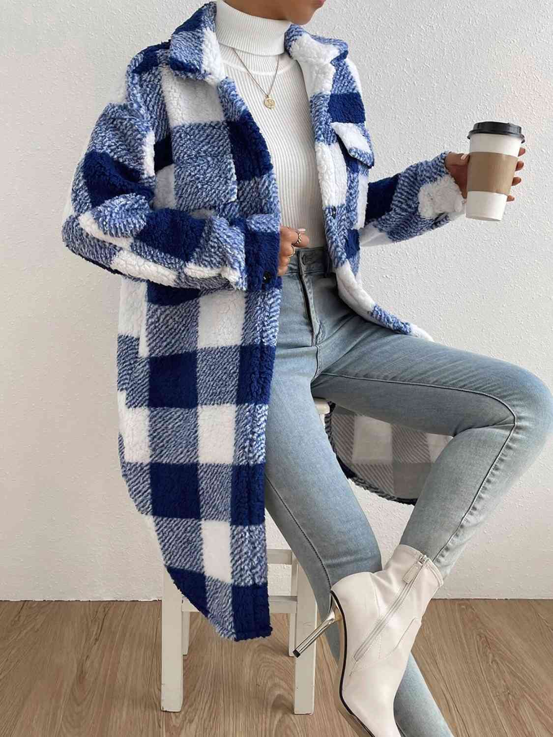 Fuzzy Plaid Button-Down Coat