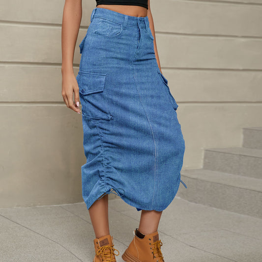 Ruched Slit Denim Midi Skirt