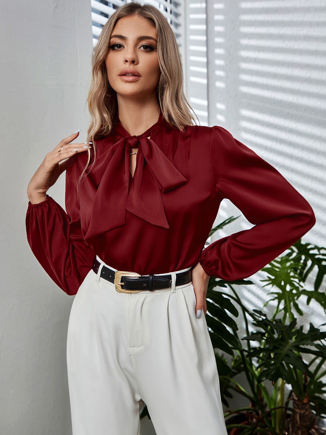 Silky Wine Bow Blouse