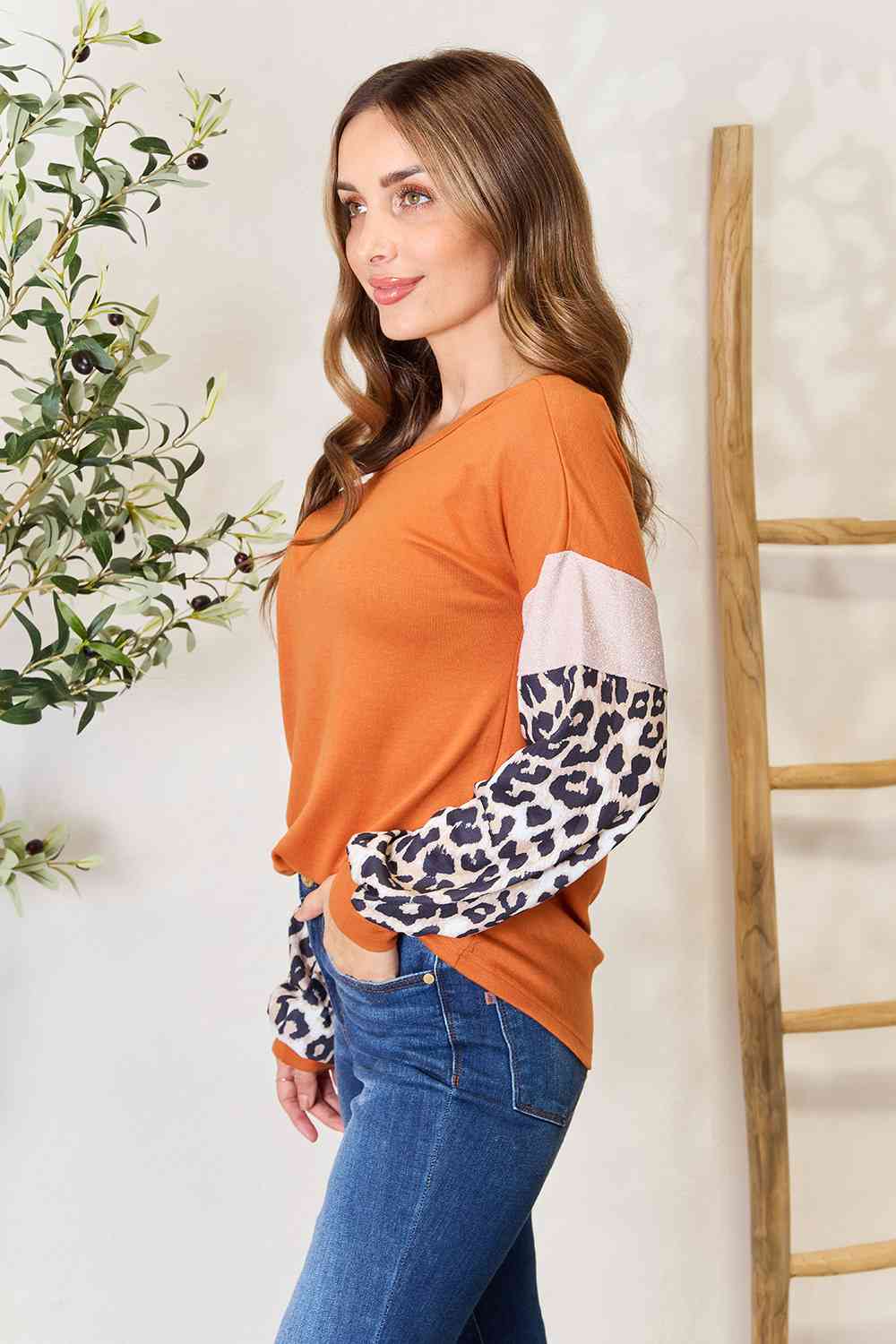 Double Take Leopard Long Sleeve Round Neck Sweatshirt
