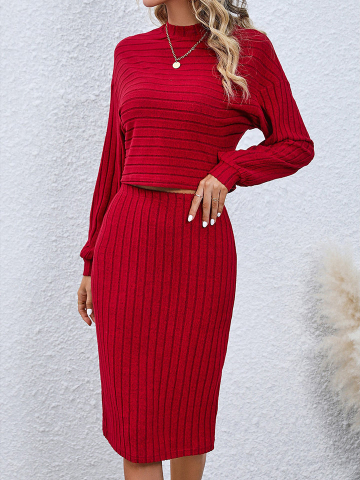 Cute Ribbed Knit Top and Skirt Set